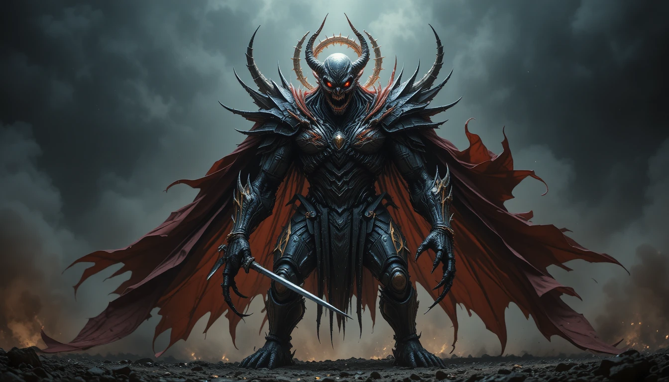Armored demon lord with glowing eyes and crimson cape