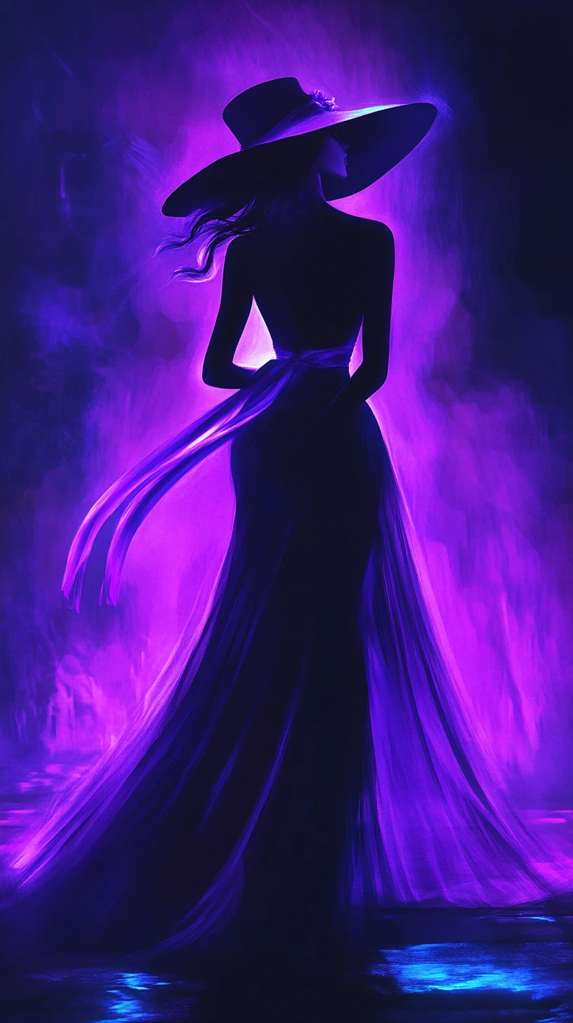 Leuchtende Neon-Silhouette einer Frau im fließenden Kleid