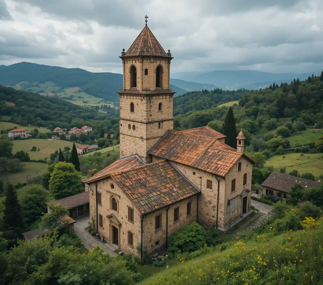 Torre campanaria in pietra medievale nella tranquilla campagna italiana