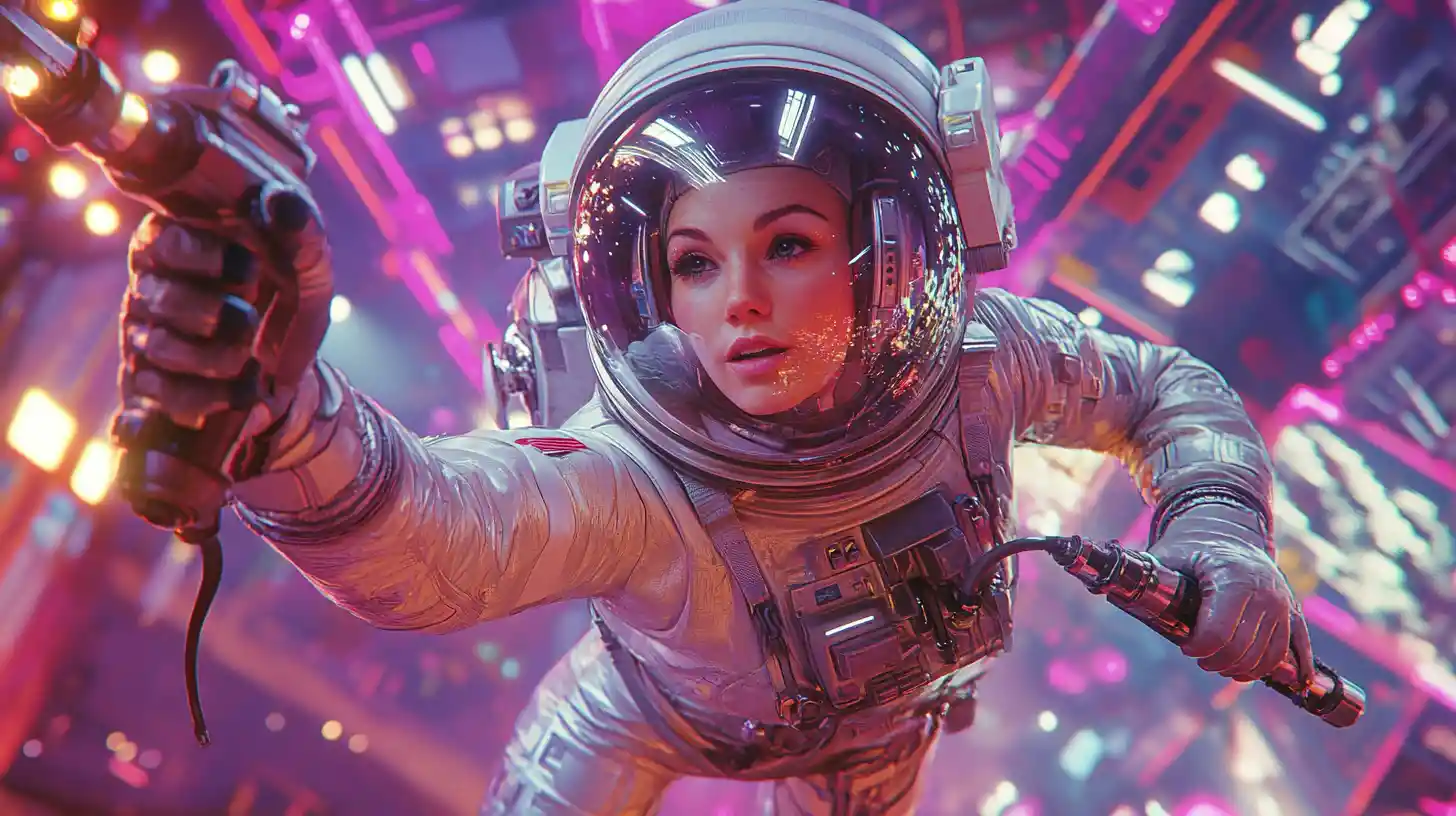 Astronauta Curvy con Trapano in Stazione Spaziale Retrò