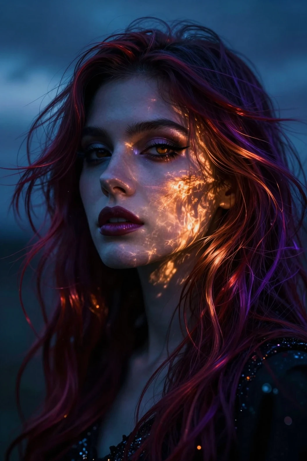 Mystical woman with twilight sky hair in extreme close up