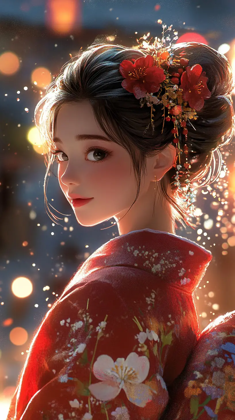 Mujer de anime con kimono rojo y bokeh de brasas brillantes