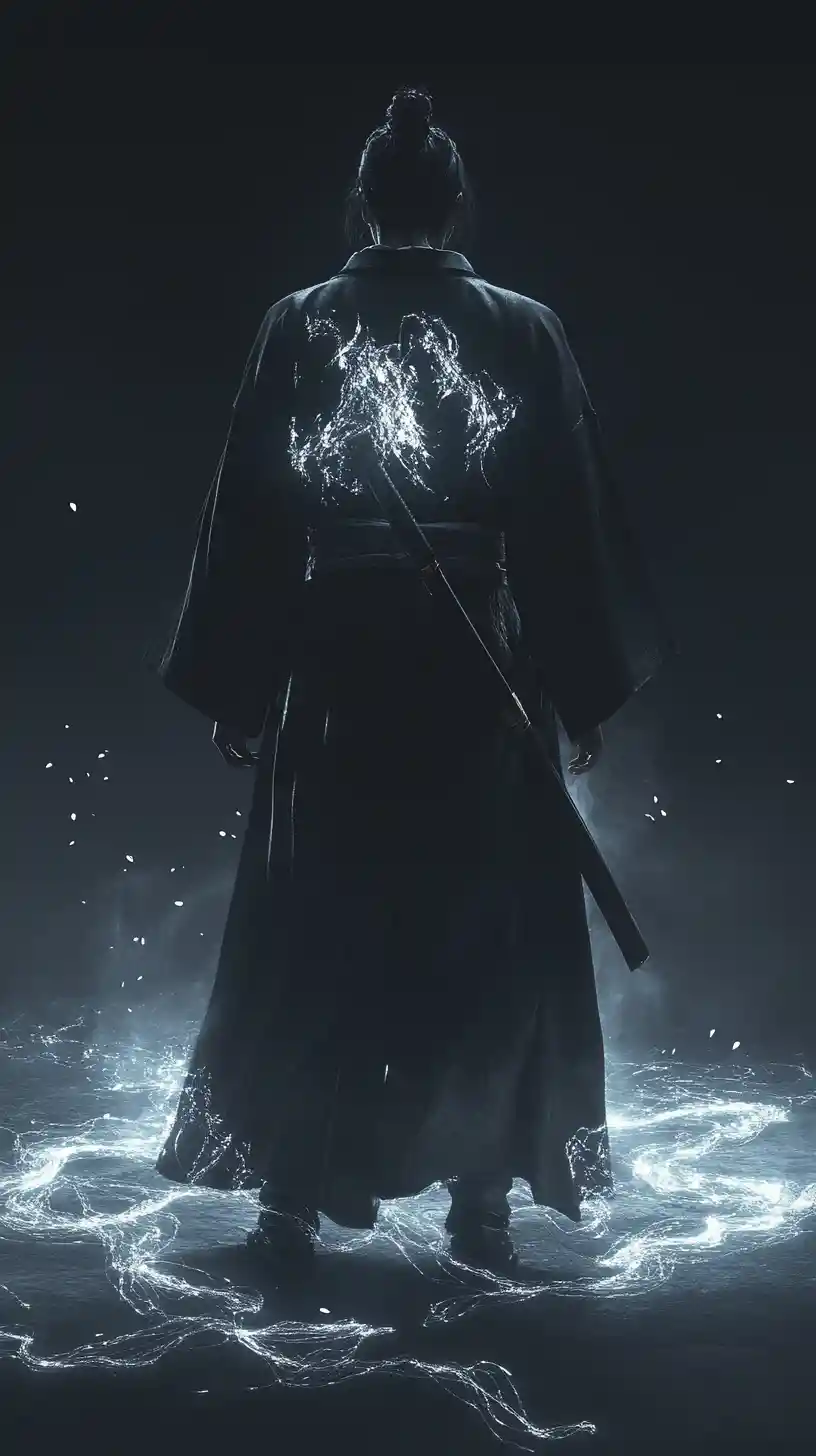 Lone samurai standing in glowing mist on dark void floor