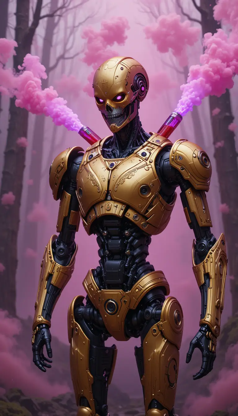 Robot humanoïde en armure dorée dans un étrange brouillard rose en forêt
