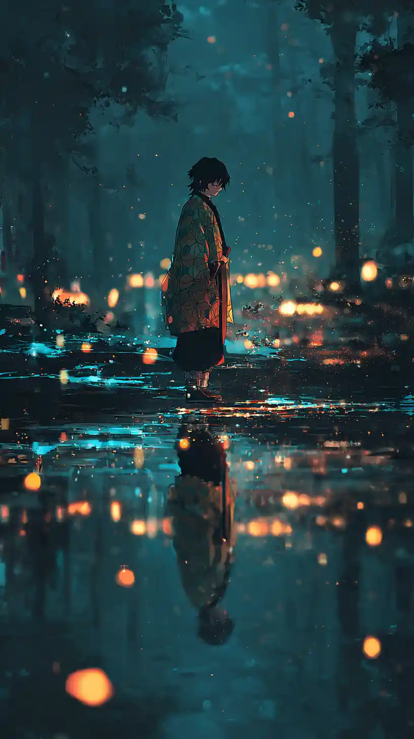 Anime boy in haori standing by moonlit forest water