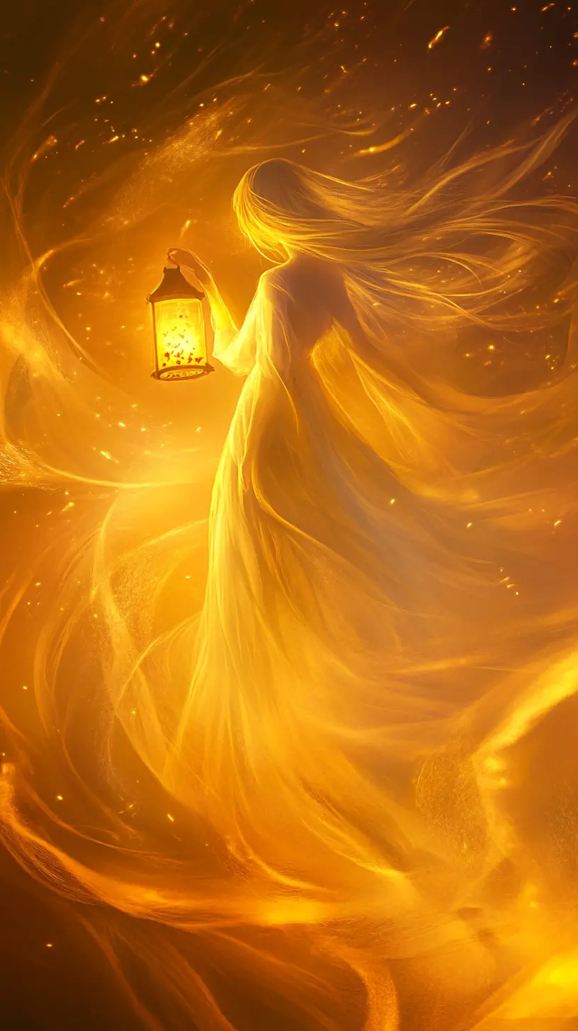 Ghostly girl with lantern of souls in swirling fog
