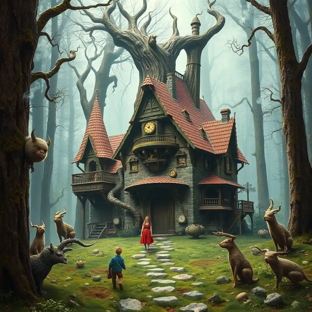 Hänsel und Gretel in einem surrealen, traumhaften Wald