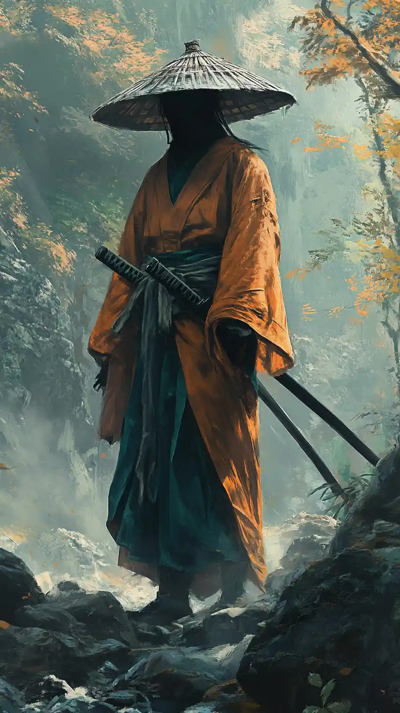 迷霧森林中身穿橘色和服的蒙面戰士