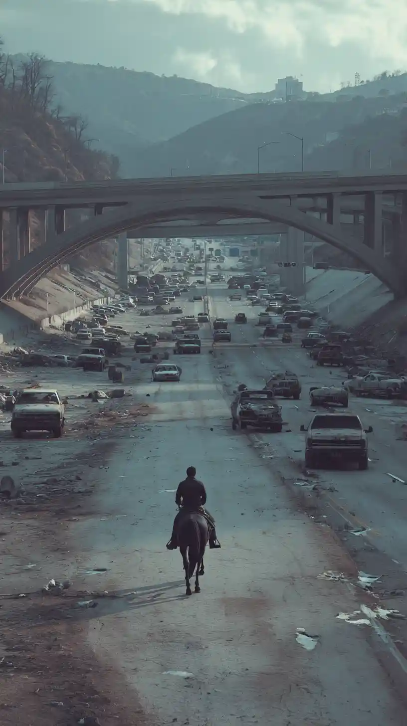 Man on horseback crossing deserted bridge above ruined city