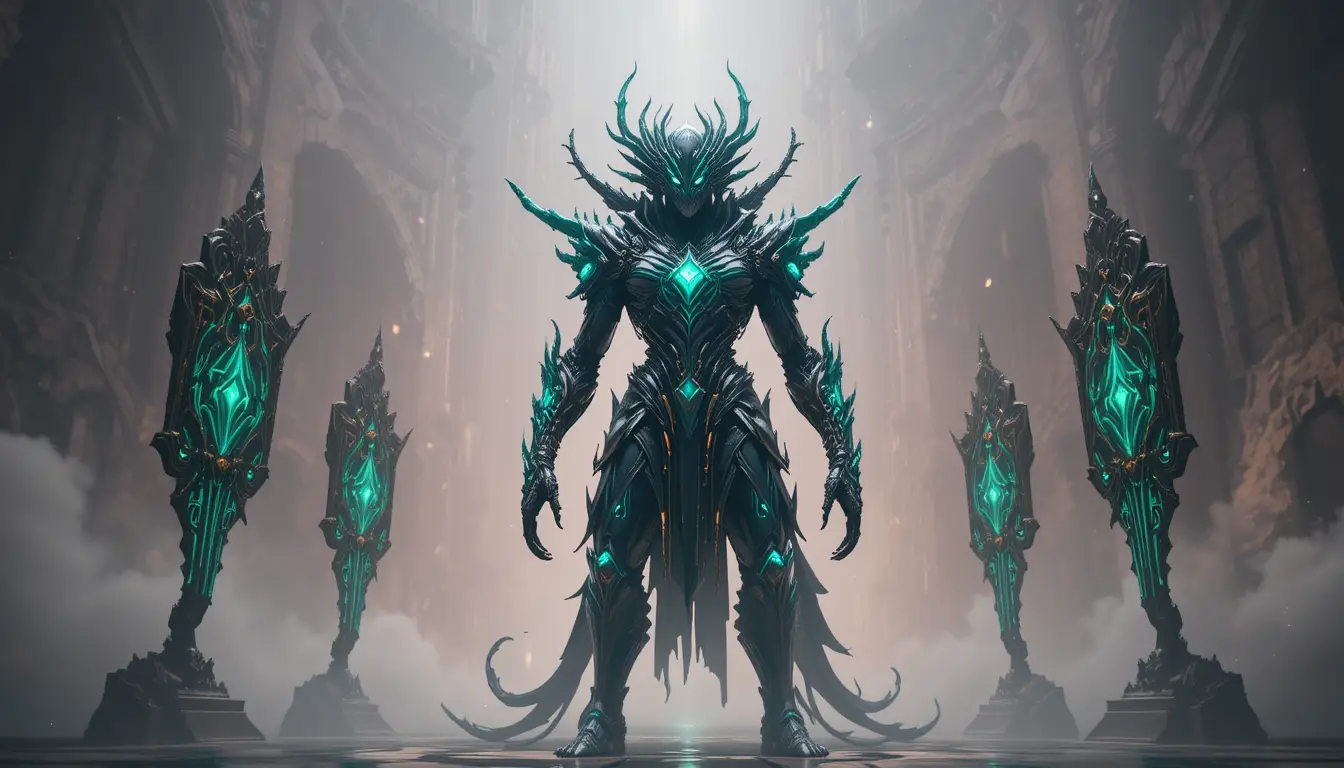 Majestic armored alien creature with glowing teal accents