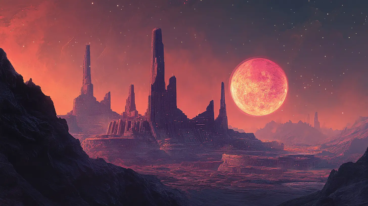 Ancient Alien City Rising Above A Desolate Cratered Moon