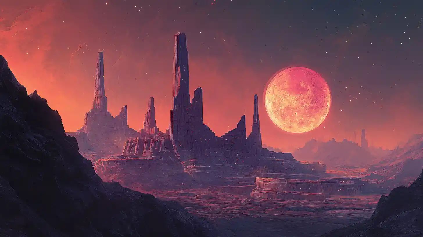 Ancient Alien City Rising Above A Desolate Cratered Moon