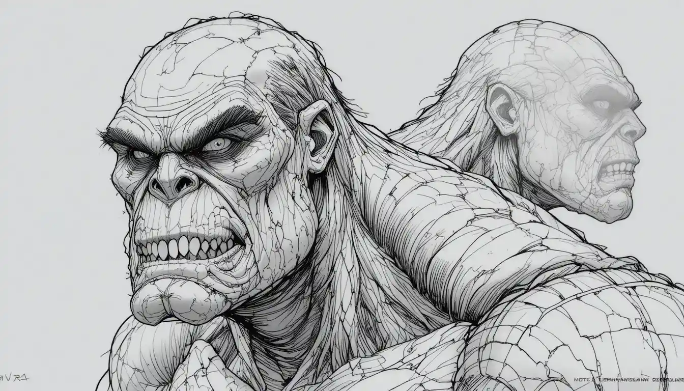 Colossal male head in front and profile line views