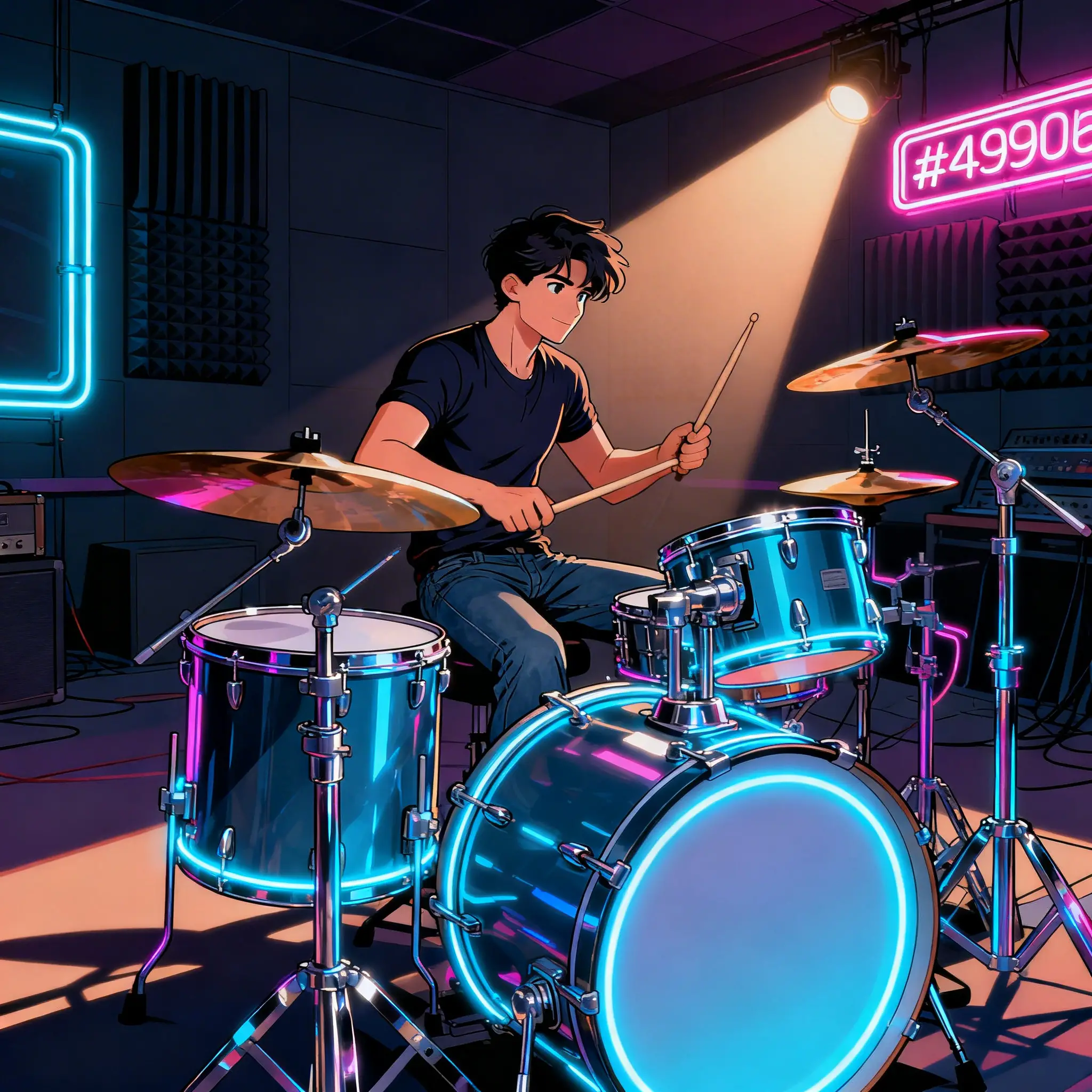 Intense drummer on double bass kit in neon studio