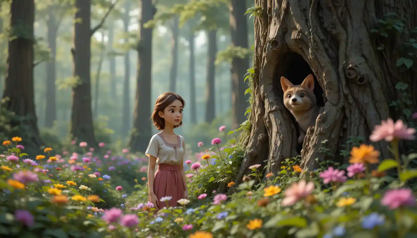 Giovane ragazza che raccoglie fiori di campo in una foresta stilizzata