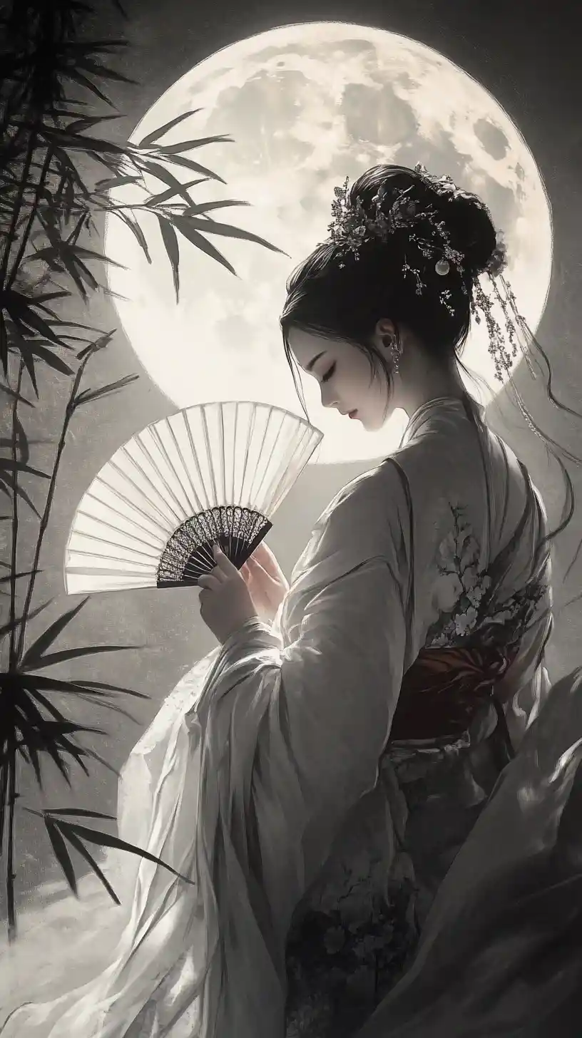 Woman in flowing white robes before a luminous moon