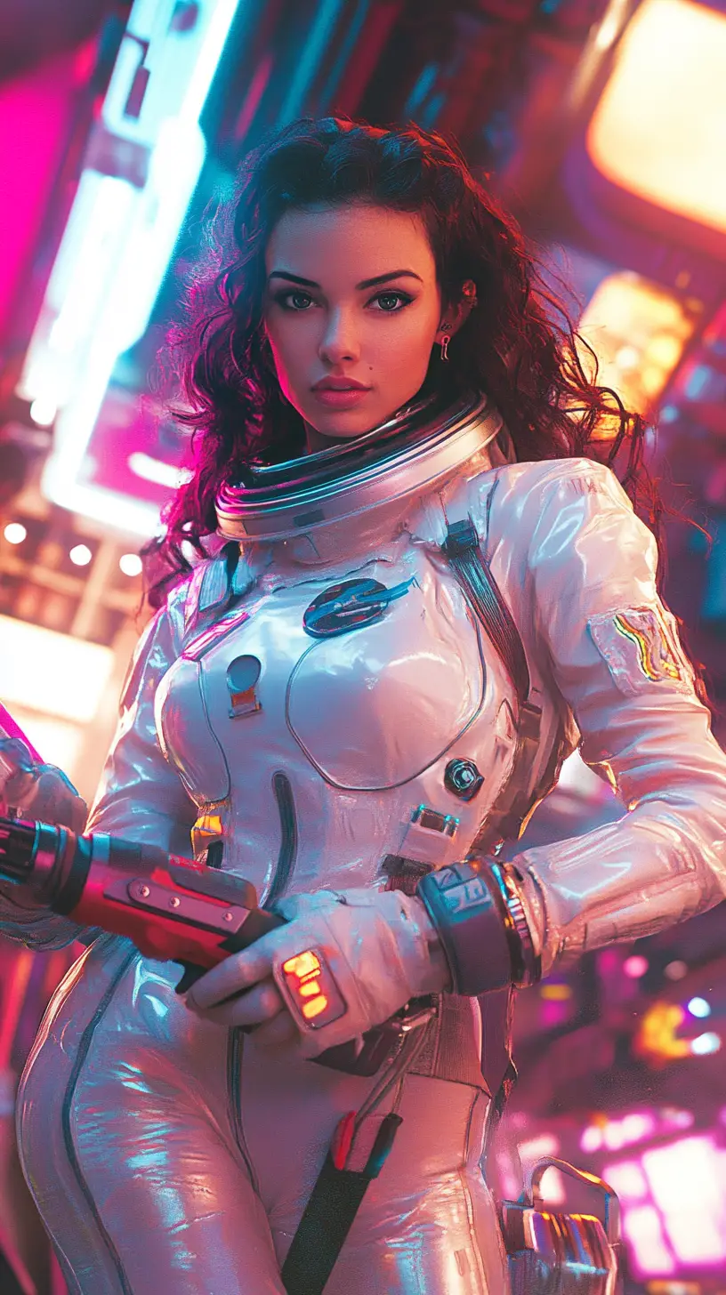 Astronauta femenina curvilínea con taladro en estación espacial retro