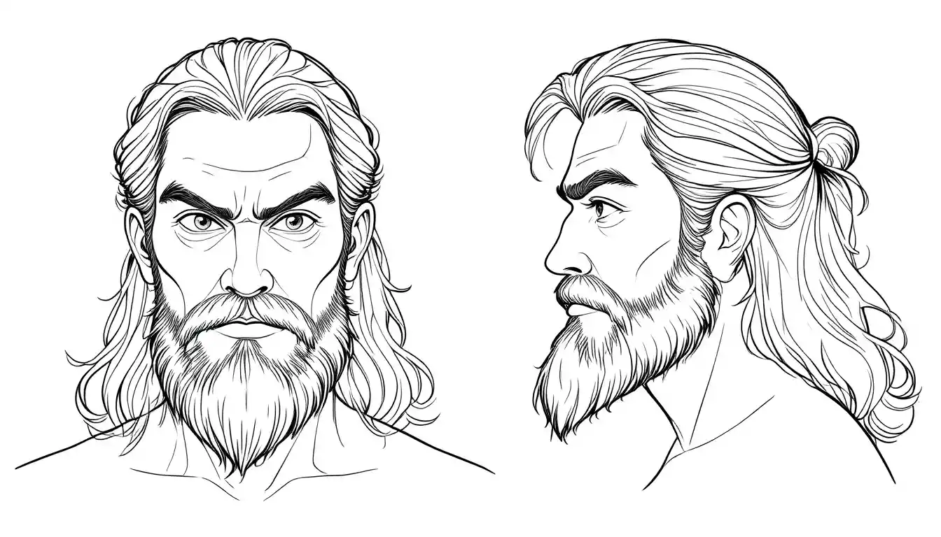 Fiche de personnage en noir et blanc d’un homme barbu et sévère