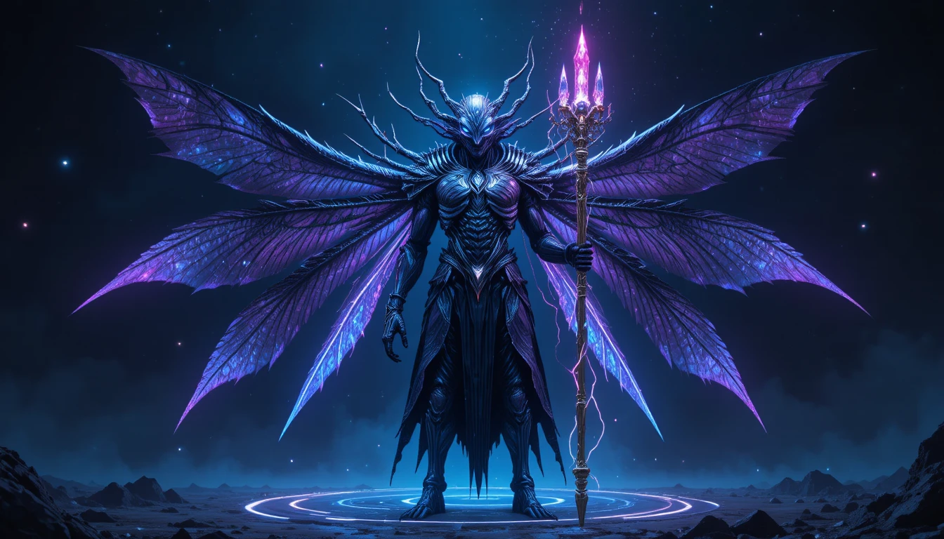Majestic alien being with glowing wings and crystal staff