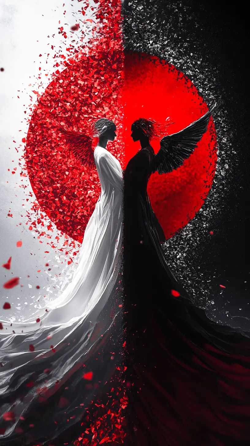 Yin e yang ad alto contrasto con bagliore rosso e argento