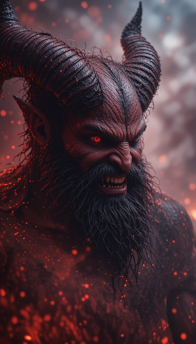 Fiery horned demon portrait in a smoky hellscape