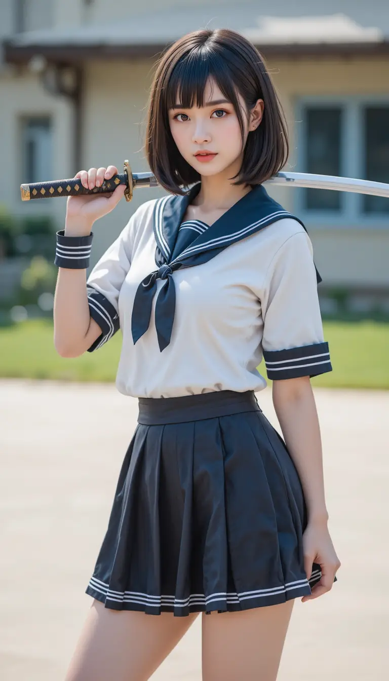 Young woman in school uniform holding katana in schoolyard