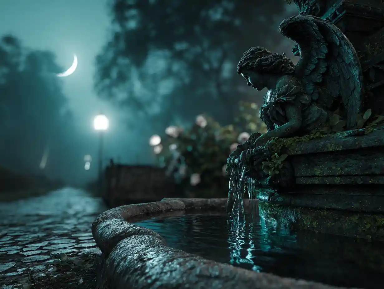 Weathered angel fountain in a moonlit overgrown rose garden