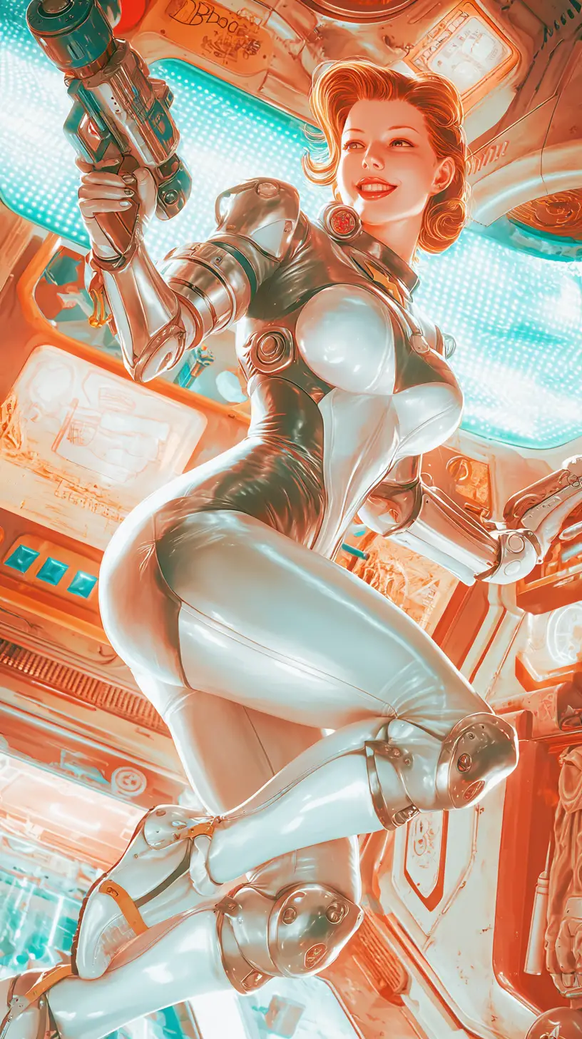 Astronauta Mujer Curvilínea con Taladro Eléctrico en Estación Espacial Neón