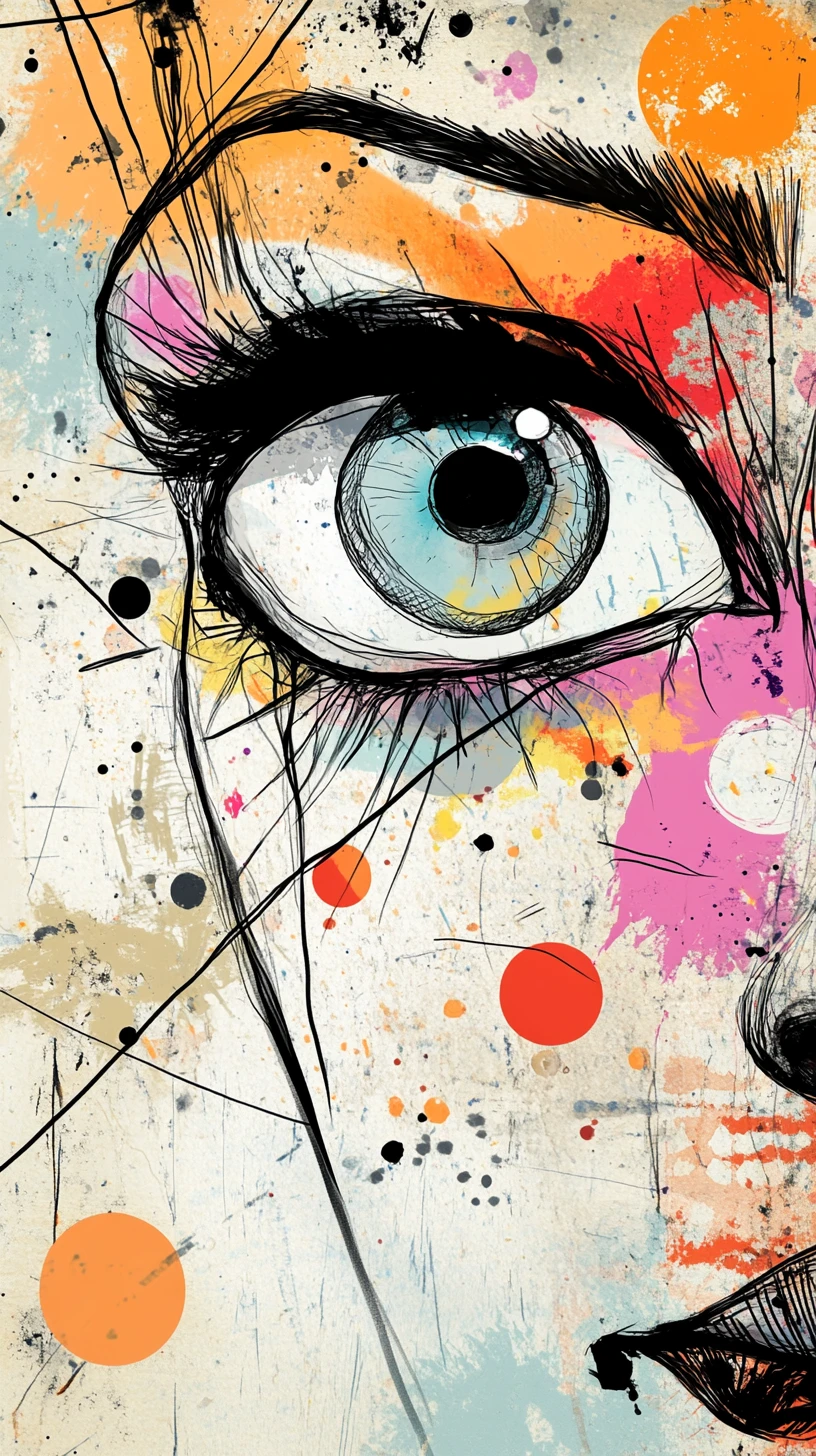Whimsical artist portrait with paint streaks and bold ink lines
