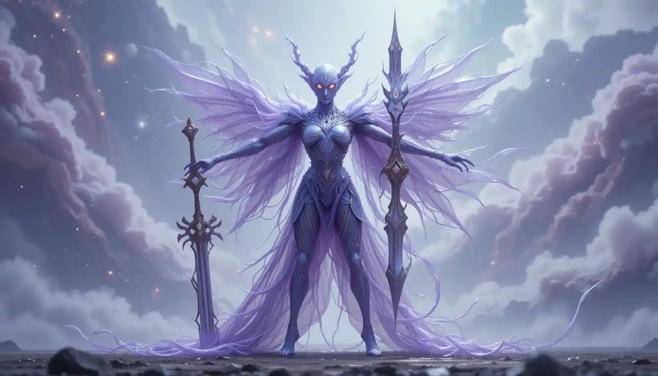 Ethereal crystal humanoid wielding an ornate cosmic weapon