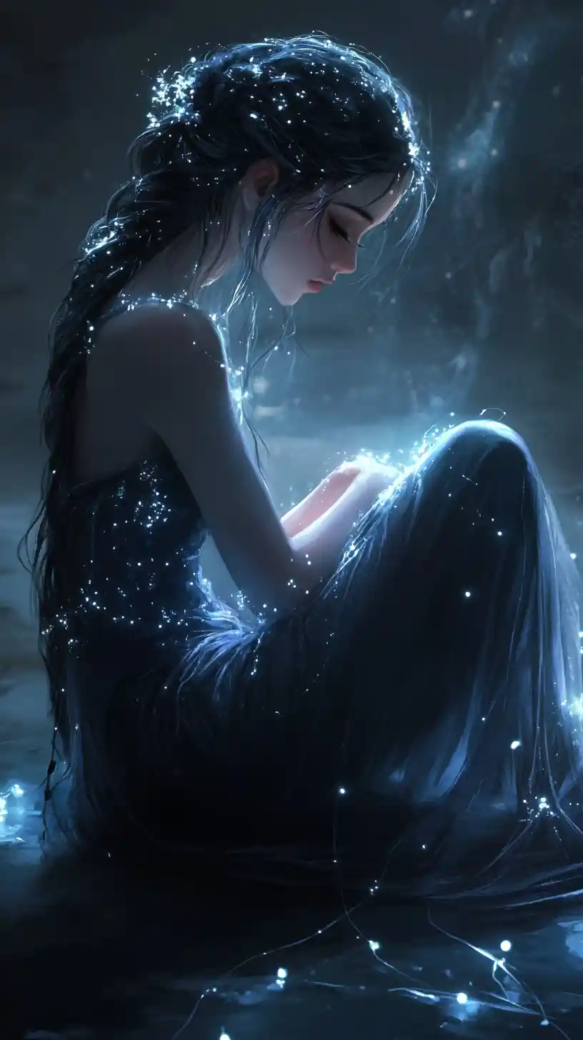 Contemplative anime girl glowing with delicate braided lights
