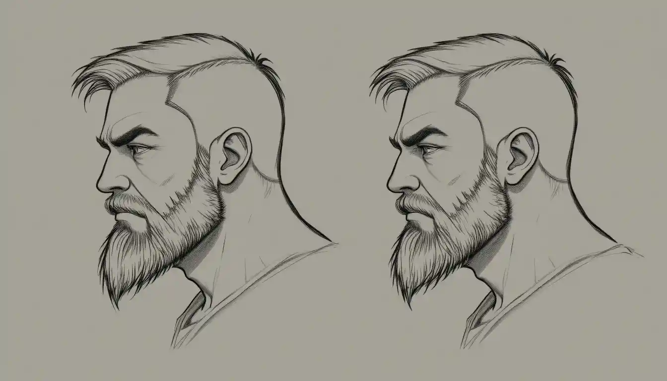 Stern bearded man in mirrored profile line drawing