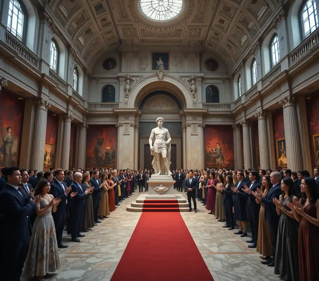 Elegant museum hall with marble statue and formal audience