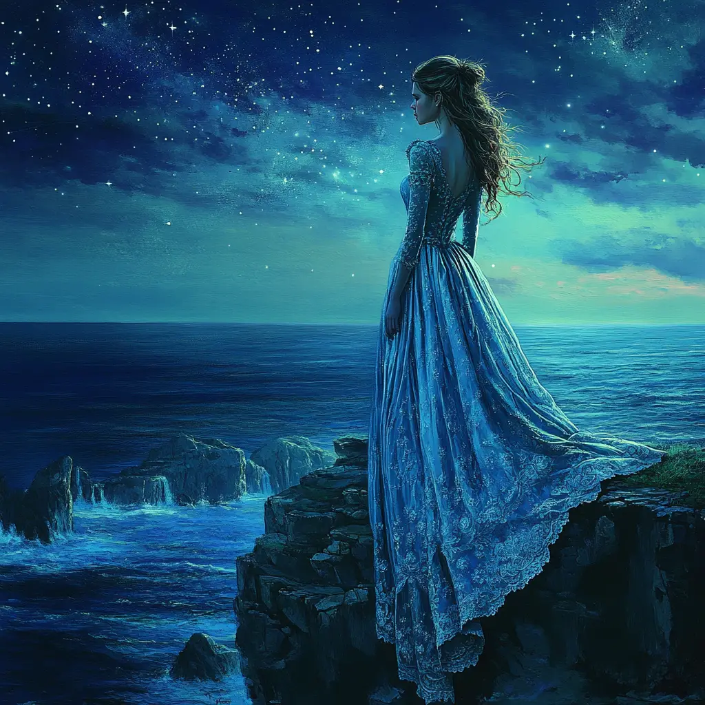 Ethereal woman on cliffside above a starlit ocean