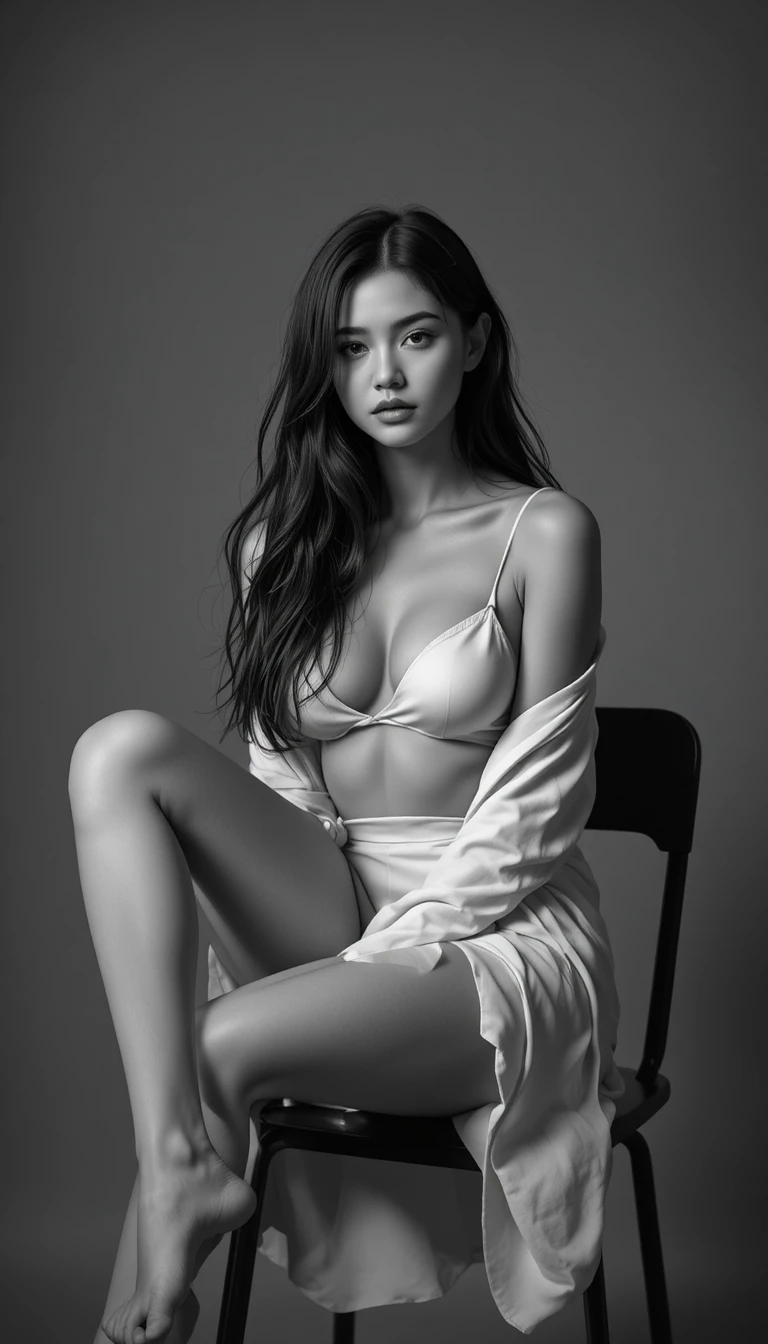 검은 의자에 앉아 있는 여성의 모노크롬 초상