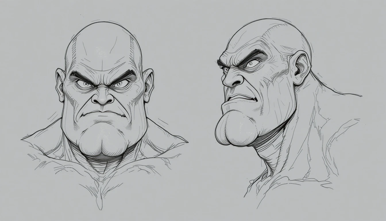 Bold line drawings of a muscular bald man in two views