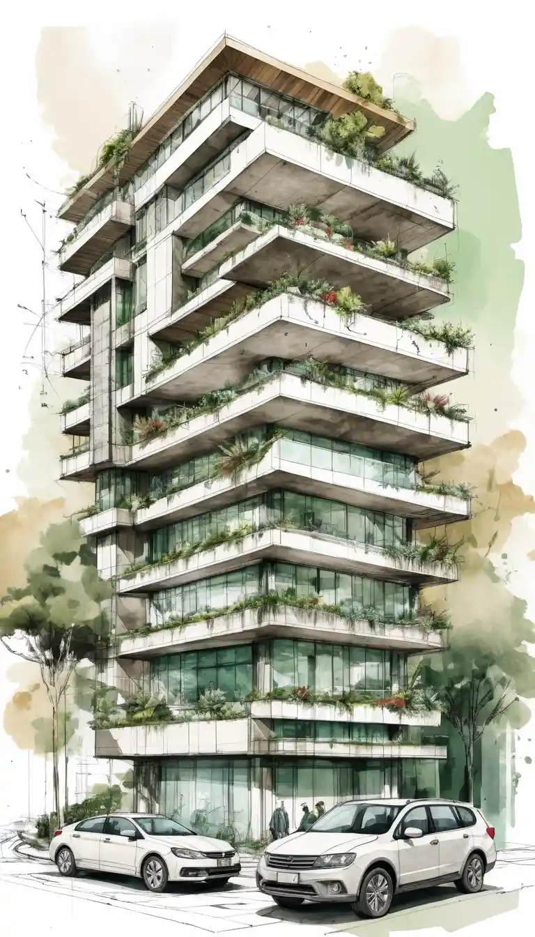 Modern architectural concept board with hand drawn building sketches