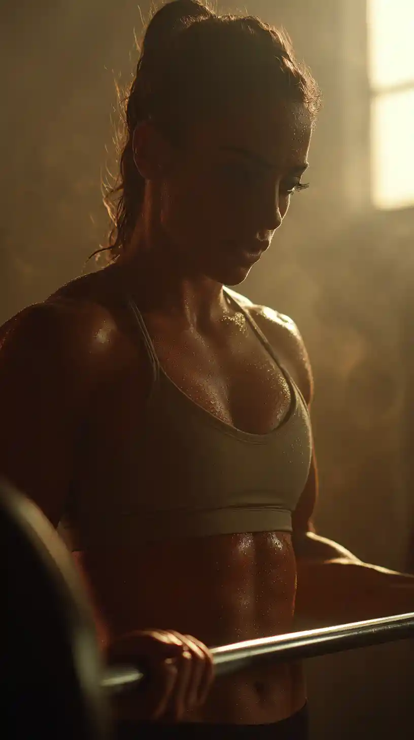 Female bodybuilder curling barbell in dramatic gym lighting