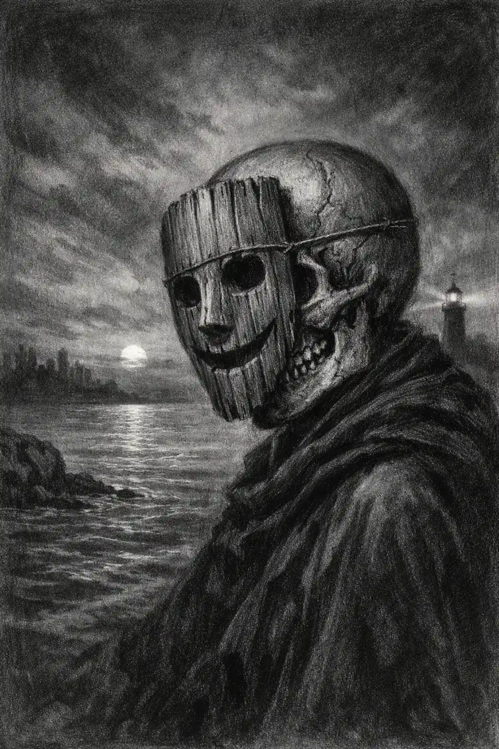 Charcoal portrait of skull masked figure by a distant lighthouse