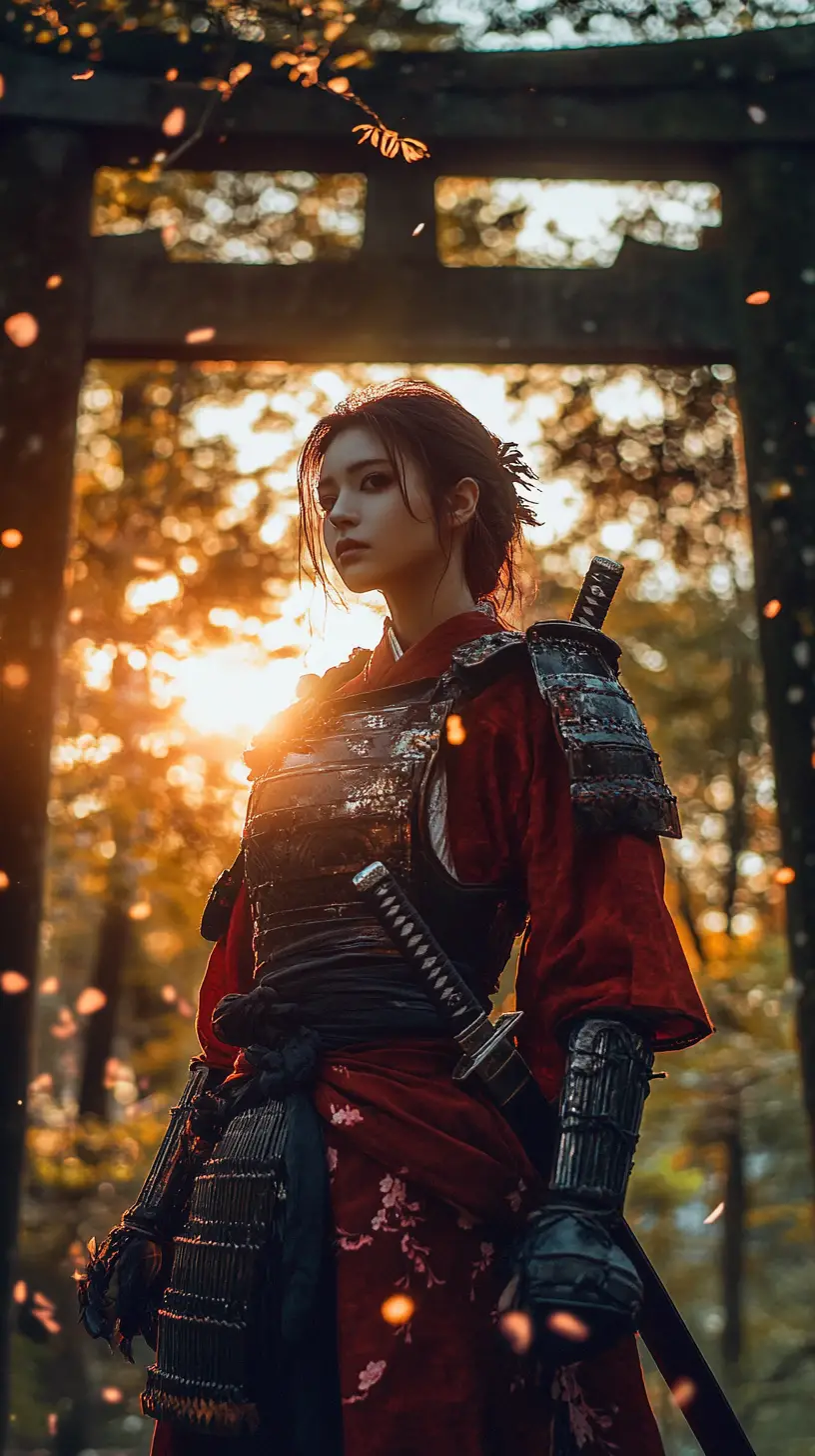 Guerrera japonesa ante un torii en ruinas al atardecer
