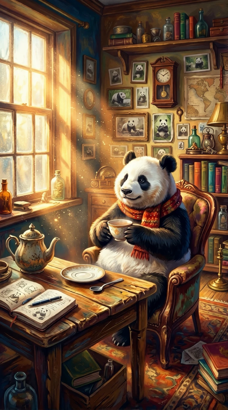 Panda rêveur à une table en bois avec du thé fumant