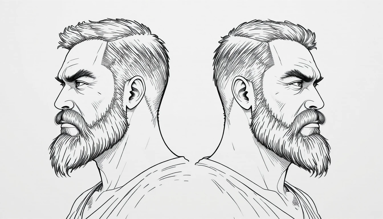 Uomo barbuto severo in disegno lineare di profilo simmetrico