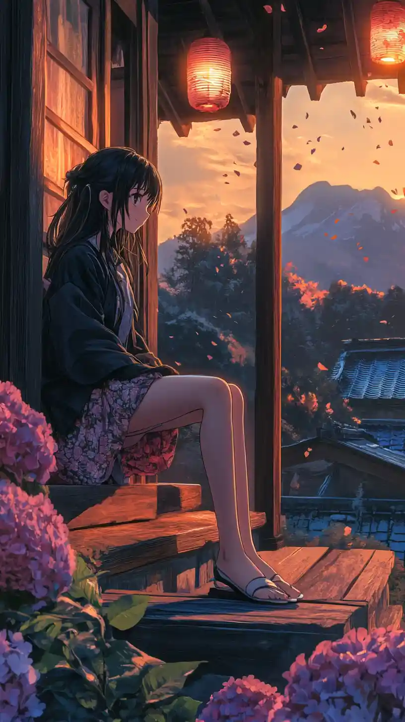 Ragazza anime su veranda di legno al crepuscolo con ortensie