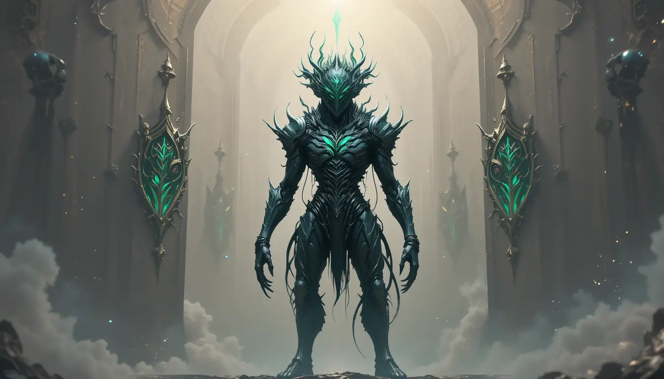 Alien armored entity with glowing teal and gold accents