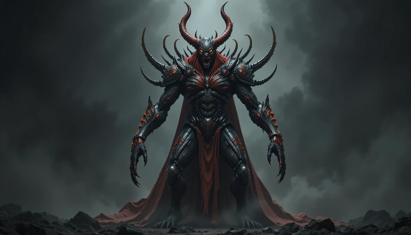Armored demon lord with glowing eyes and crimson cape