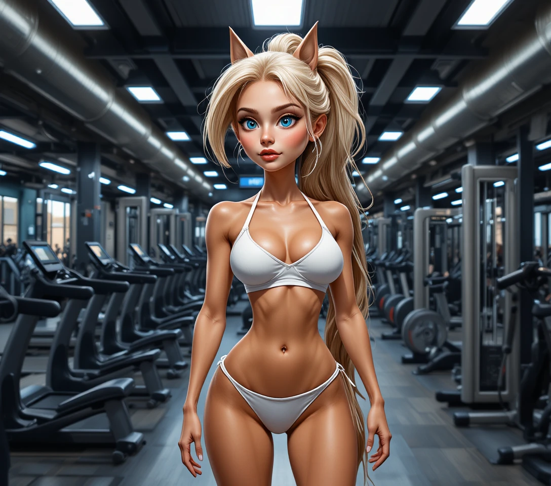 Donna fitness bionda in bikini a stampa mucca che si allena in palestra