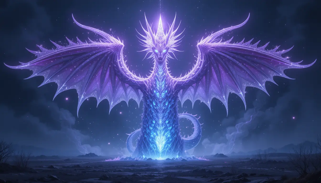 Drago etereo e luminoso sopra un paesaggio mistico e desolato