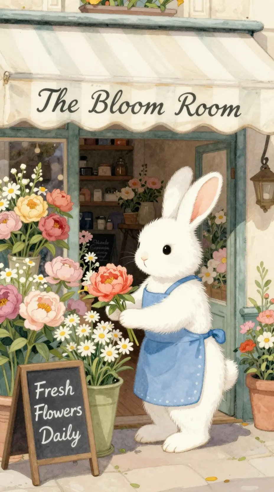 Cute white rabbit florist in a Parisian flower shop