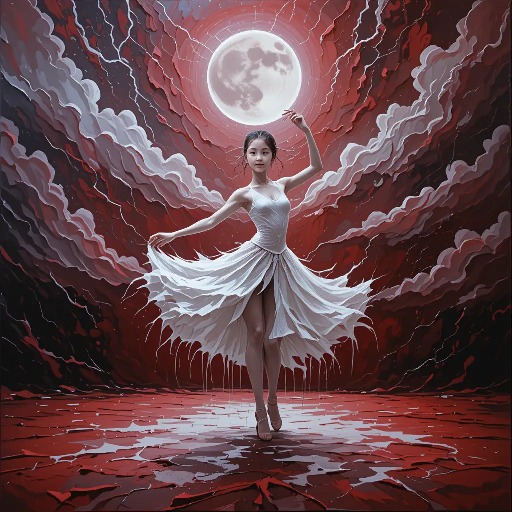 White painted dancer under a crescent moon on stormy stage