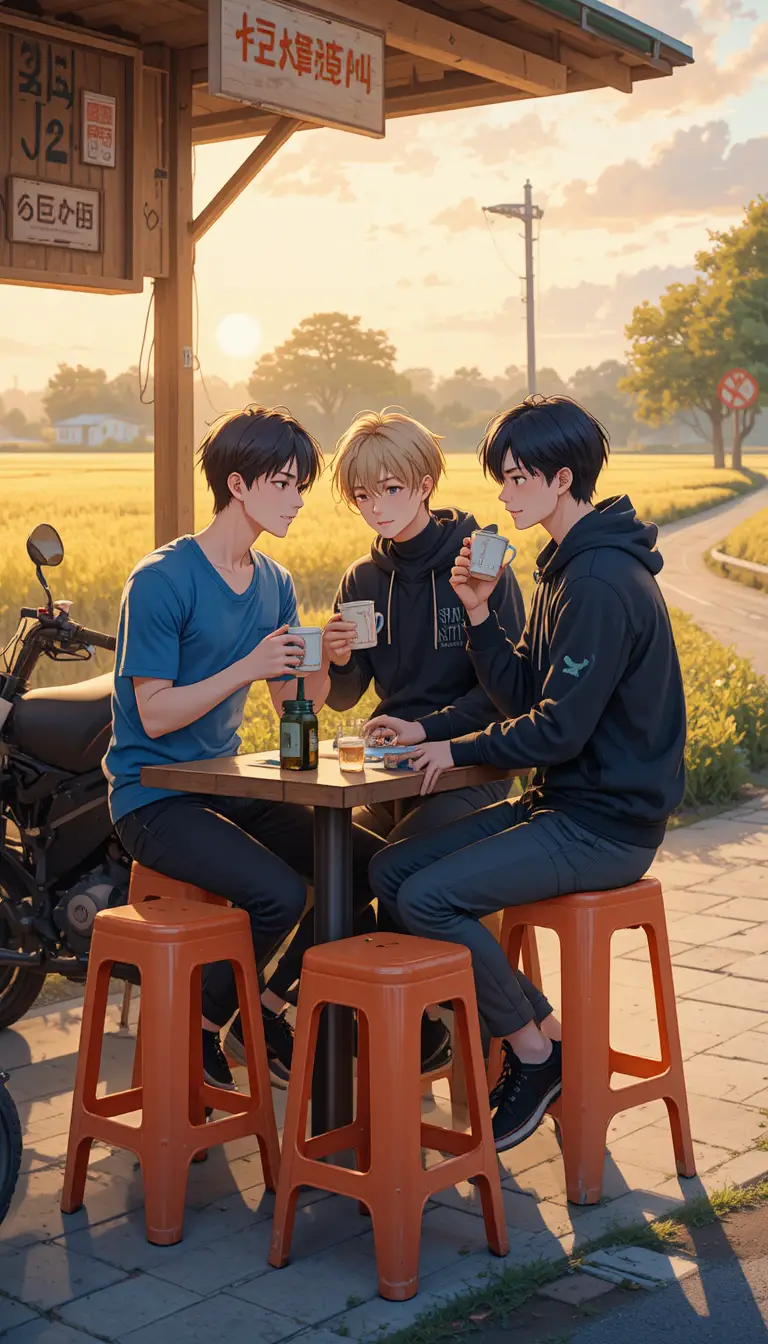 Tres amigos comparten bebidas en un puesto callejero de estilo anime